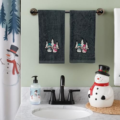 Luxury Holiday Christmas Hand Towels, Embroidered Snowmen, Forest Trees, Velour Terry Cotton, Grey, Set of 2 - color: Charcoal Grey