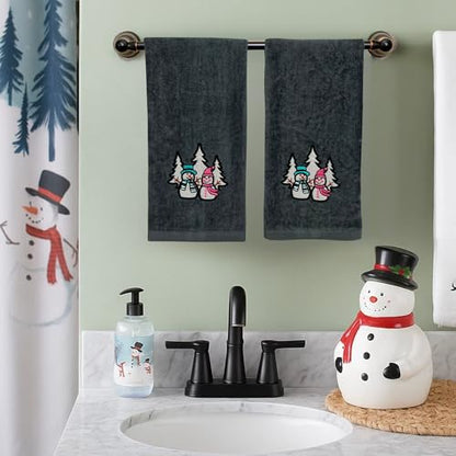 Luxury Holiday Christmas Hand Towels, Embroidered Snowmen, Forest Trees, Velour Terry Cotton, Grey, Set of 2 - color: Charcoal Grey