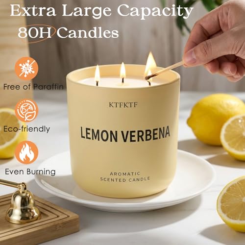 Lemon Verbena Candle, 14.1oz Large 3-Wick Soy Wax Candle, Up to 80 Hours Burn Time, Non-Toxic Aromatherapy Jar Candle with Essential Oils, Citrus Scented Candle for Home