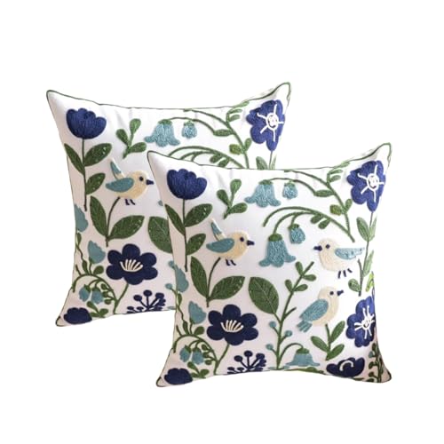 YIcabinet Pack of 2 Throw Pillow Covers, Embroidered Bird Flowers Pattern Throw Pillow Cover,Square Cotton Cushion,Pillow Case for Sofa Bedroom Couch,18"x18" - color: White18