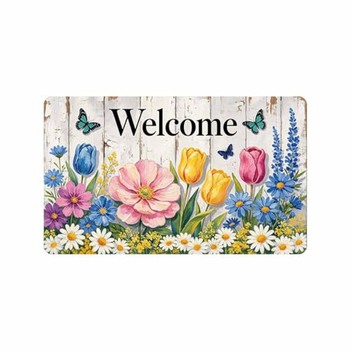 Welcome Spring Doormats with Colorful Sunflower Leaf and Butterfly, Floral Front Entry Porch Outdoor Rug for Home Outside Garage Bathroom Kitchen, Under Door Modern Decorative, Dirt Trapper - color: Welcome Flower