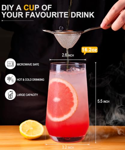 Drinking Water Glass Cups Set,Crystal Clear tall Glass cups set of 8,16.2oz | Unique Design Highball Clear Glassware for Cocktail Parties, Family Dinners Glass Cups - style: Drinking set of 8 16.2oz
