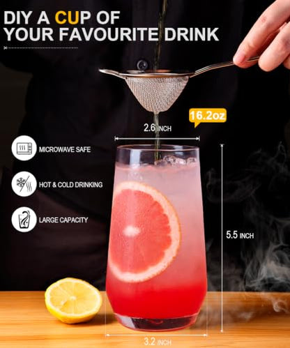 Drinking Water Glass Cups Set,Crystal Clear tall Glass cups set of 8,16.2oz | Unique Design Highball Clear Glassware for Cocktail Parties, Family Dinners Glass Cups - style: Drinking set of 8 16.2oz
