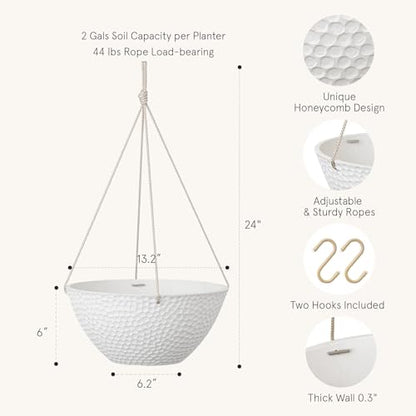 LA JOLIE MUSE Hanging Planters for Outdoor Plants, Large Hanging Planter with Drain Holes, Outdoor Hanging Flower Pots, White Stone, Honeycomb (13.2 Inch, Set of 2) | White Stone Finish, Hanging Baskets and Flower Pots for Outdoor Plants, Decorative Outdo