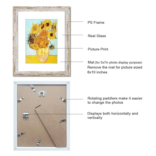 Rustic Distressed Retro Style White Frame 8x10 Picture Frame Set of 6 with Real Glass for Pictures 5x7 with Mat or 8x10 Without Mat, Wall Gallery or Tabletop display - size: 8x10(set of 6)