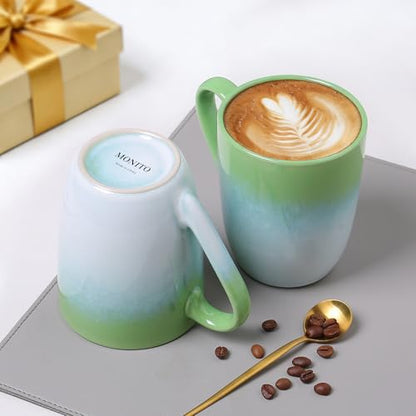 MONITO 17oz Ceramic Coffee Mugs Set of 6, Green Gradient Mugs with Handle | Mugs with Gold Rim for Latte,Tea&Cocoa,Dishwasher&Microwave Safe,Reactive Glaze Cups,Ideal Gift for Office and Home Use - color: White-green(14oz)