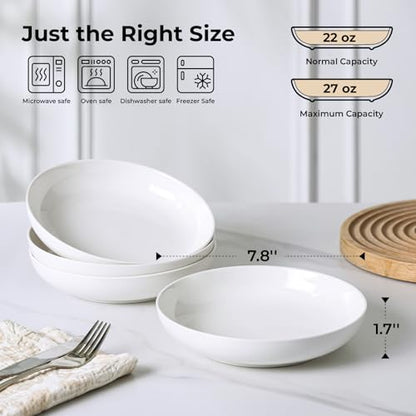 YHY Pasta Bowls Set of 4, 22 oz Ceramic Salad Plates, 7.8 Inch Wide Shallow Porcelain Dishes for Dinner, Microwave & Dishwasher Safe, White - size: 7.8 inches