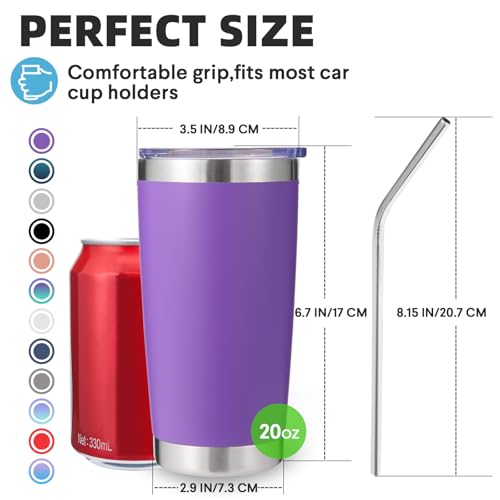 Volhoply 20oz Stainless Steel Tumbler with Lid and Straw Bulk 4 Pack,Double Wall Insulated Travel Iced Coffee Mug Fits Cup Holder,Powder Coated Cups for Hot/Cold Drinks,Gifts for Women（Purple,4 Set） - color: Purple