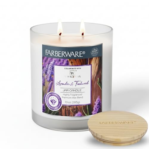 10oz Lavender and Teakwood Jar Candle by Farberware – Soy Wax Blend, Two Wick Highly Scented Candle for Entertaining, Personal Relaxation – Up to 50 Hours Burn Time – for Any Fragrance Lover
