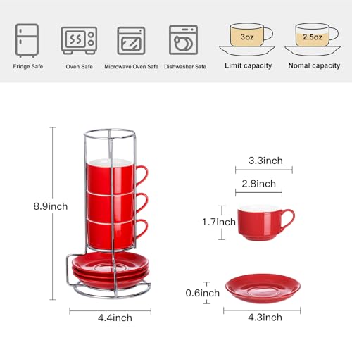 2.5oz Espresso Cups Set of 4, Small Stackable Coffee Cups with Saucers and Metal Stand, Ceramic Demitasse Cups, Cappuccino Cups for Coffee Drinks, Latte, Red - color: Red, size: 2.5oz