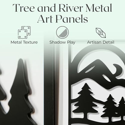 GALLERY GRACE 4-Pc Metal Mountain Landscape Wall Art, Black Wall Decor Set | 11 x 16 In Panels, Mountain, Tree and Sunrise Design, Minimalist Abstract Style, Ready to Hang, for Living Room or Bedroom - style: Abstract Landscape