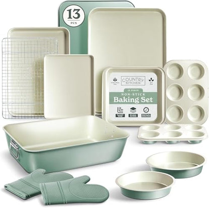 Country Kitchen Nonstick Stackable Bakeware Set - Deluxe Heavy Duty, Durable, Easy Release Baking Set, Sage, 13 Pcs with Handles