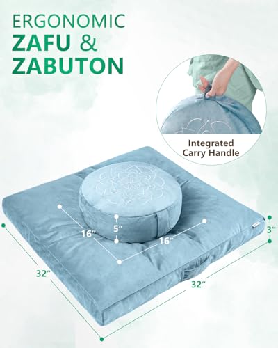 Hihealer Meditation Cushion Set Large Velvet Floor Pillow & Traditional Tibetan Yoga Bolster for Adults Zafu Meditation Mat with Buckwheat Filling - color: Blue