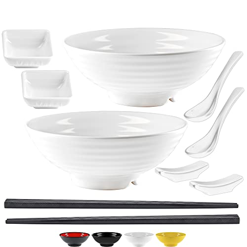 Noodle Bowls Set - large 32oz Ramen Bowl Set for authentic Asian Cuisine - comes with Dipping Bowls, Spoons and Chopstick Stands. Enjoy Thai Miso, Udon or Wonton (2 Bowl Set, White) - color: White, size: 2 Bowl Set