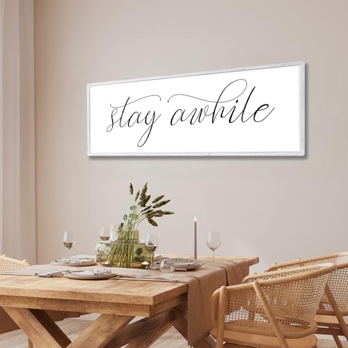 Rutiyoka Stay Awhile Sign Framed Farmhouse Dining Room Wall Decor Large 42"×15" Wood Kitchen Wall Art White - color: stay awhile (white frame)