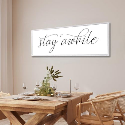 Rutiyoka Stay Awhile Sign Framed Farmhouse Dining Room Wall Decor Large 42"×15" Wood Kitchen Wall Art White - color: stay awhile (white frame)