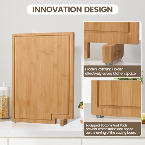 Kikcoin Bamboo Cutting Boards for Kitchen, Extra Large Wood Cutting Board with Rotating Kickstand & Juice Groove, Wooden Chopping Board for Meats Veges Fruits, Heavy Duty Serving Tray, 17 x 11.3 inch - size: 17"L x 11.3"W