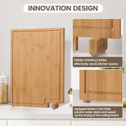 Kikcoin Bamboo Cutting Boards for Kitchen, 2XLarge Wood Cutting Board with Rotating Kickstand & Juice Groove, Wooden Chopping Board for Meats Veges Fruits, Heavy Duty Serving Tray, 20 x 14 inch - size: 20"L x 14"W