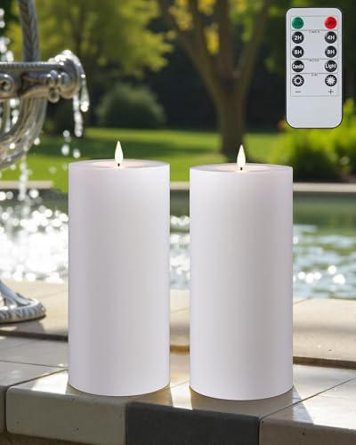 Gmnee 4"x8" Outdoor Waterproof Flameless Candles with Remote Timers Plastic | Extra-tall, Extra-large, Battery Operated Candles, LED Candles, Electric Fake Pillar Candles for Patio Decor (White) - color: White-D4"xH8"