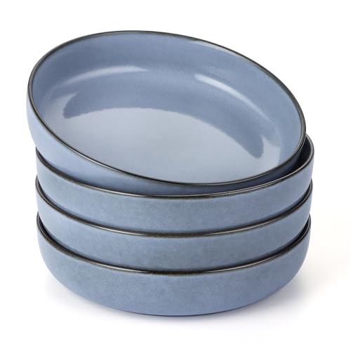 E-far Pasta Bowls Set of 4, 35oz Large Salad Bowls for Serving, Wide and Shallow Ceramic Plates for Kitchen, Double Reactive Glaze, Microwave and Dishwasher Safe, Ocean Blue - color: Ocean Blue
