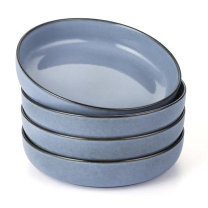 E-far Pasta Bowls Set of 4, 35oz Large Salad Bowls for Serving, Wide and Shallow Ceramic Plates for Kitchen, Double Reactive Glaze, Microwave and Dishwasher Safe, Ocean Blue - color: Ocean Blue