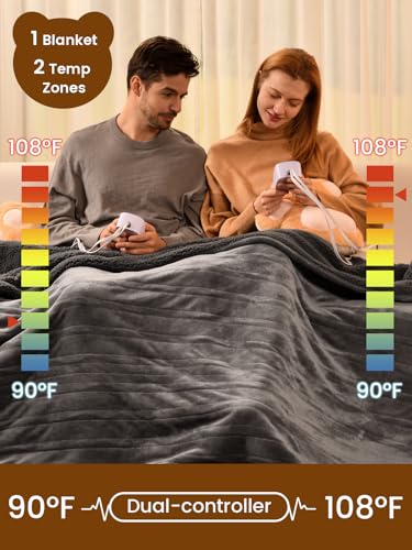 Bearhug Electric Blanket Queen Size with Dual Controls, 10 Heat Levels & 1-12H Auto Shut-Off, Fast Heating Soft Velvet to Sherpa Heated Blanket for Couples, Machine Washable, Gray - color: Gray-velvet & Sherpa, size: Queen Size 84" × 90"