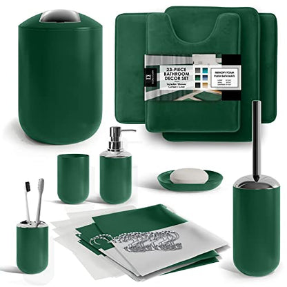 Clara Clark Bathroom Set - Green Bathroom Accessories Set, Bathroom Sets with Shower Curtain and Rugs, 23PC Shower Curtain Set with Liner, Soap Dispenser, Soap Dish, Toilet Brush Holder, and Trash Can - color: Hunter Green, size: Complete Set + Bath Rugs