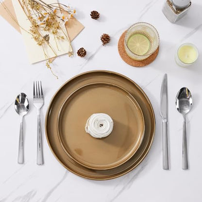 LIANYU Dinnerware Sets for 4, 12 Piece Modern Stoneware Dishes Set | Elegant Plate and Bowl, Ceramic Dining Dishware for Dinner, Rustic Terracotta Bottom, Microwave & Dishwasher Safe, Amber Gold - color: Amber Gold