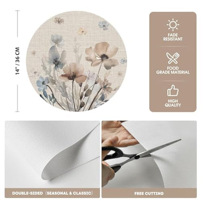 Artoid Mode Brown Poppy Floral Round Placemats Set of 4, 14 Inch Washable Non-Slip Plastic Woven Plastic PVC Place Mats for Farmhouse Party Dining Decor - size: 14", Round 4 Pcs