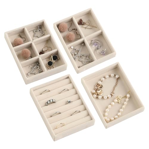 Small Jewelry Organizer for Drawer,Set of 4 Velvet Jewelry Trays | Jewelry Box Inserts,Drawer Inserts,Vanity Drawer Organizer,Mini Size,Stackable Earring Organizer,Adjustable Dividers - color: Beige, size: Set 4