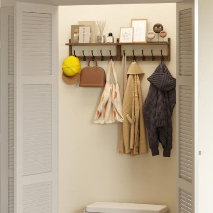 AMBIRD 34.2 inch Wooden Extra-Long Wall Hook Rack with Shelf - Versatile and Decorative Wall-Mounted Storage - 10 Hooks for Hanging Coats, Hats, Scarves - Ideal for Entryways, Bedrooms, Closets - size: 34.2 inch, style: Retro Brown