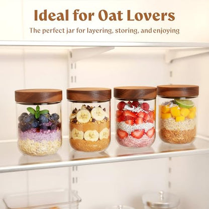 Overnight Oats Containers with Lids - Glass Mason Jars, Meal Prep | Acacia Wood, Airtight Silicone Seal Set of 4 - Stackable for Chia Pudding, Yogurt, Cereal, Oatmeal, Salad, Pantry Storage - color: 4 pack - Acacia no Spoon