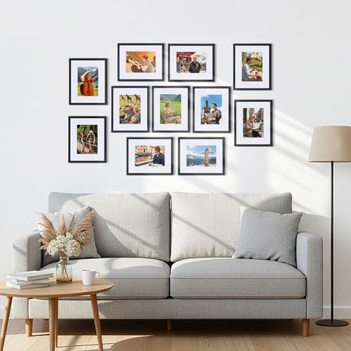 CRUGLA 8x10 Picture Frame Set of 11, Display Pictures 5x7 with Mat or 8x10 Without, Multi Photo Frames Bulk, Wall and Tabletop Display, Black - size: 8x10 Inch