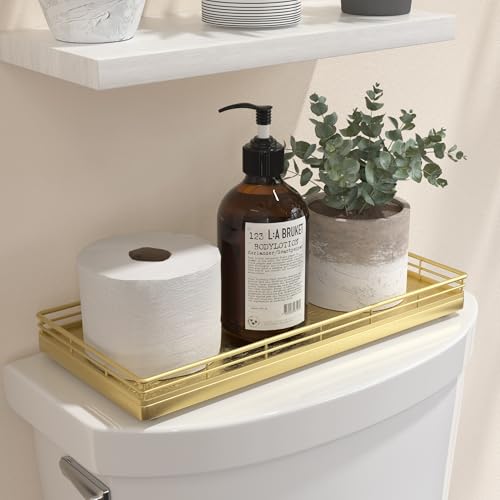 Oak Bathroom Toilet Tank Tray, 13" Wood Toilet Paper Storage Basket Back of Toilet Basket Organizer, Vanity Tray for Perfume Makeup Candle Kitchen Counter Coffee Table Decor, Gold - color: All Golden, size: 13" x 6.5" x 1.5"