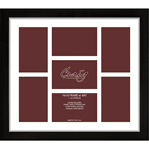 Craig Frames 14x16 Picture Frame, Black Contemporary Style 1WB3BK, 1 Inch Wood Composite Moulding, Smooth Wrap Finish, Clear Acrylic Front, White Collage Mat with 7 Openings for 4x6 Photos, Wall Display - color: 500141601C52A 4x6 2-Opening - 1" Border