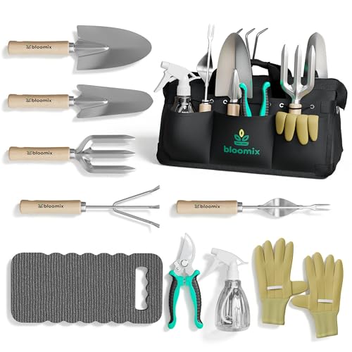Bloomix 12Pcs Gardening Tools Set - Heavy Duty Garden Tools Set with Tool Bag, Kneeling Pad, Apron & More Garden Accessories - Stainless Steel Plant Care Kit Supplies, Gardening Gifts for Women Men