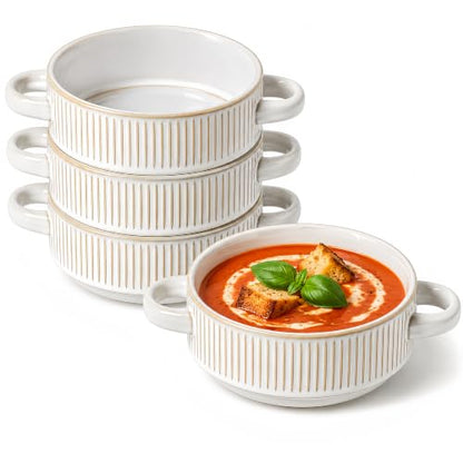 26 Oz Soup Bowls with Handles, French Onion Soup Crocks, Ceramic Soup Bowls Set of 4, Embossed Stackable Bowl for Chili, Beef Stew, Pasta, Casseroles Dish, 6 inch, Oven Dishwasher Safe
