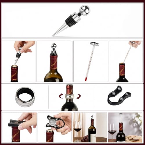 Wine Bottle Opener Set, 9-Pieces Stainless Steel Manual Corkscrew Kit with Classic Wooden Box, Wine Opener Set with Cutter, Spiral Stopper, Pourer for Home, Bar, Party, Birthday & Wedding Gift