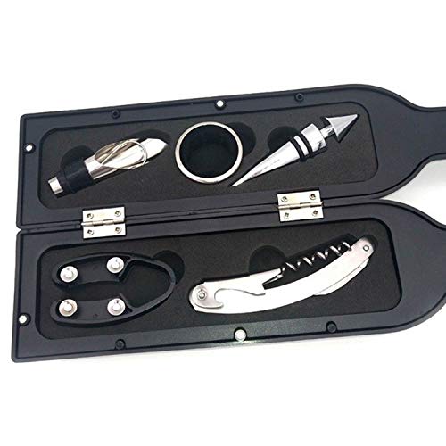 Wine Bottle Opener Set - 5 Piece Wine Opener Gift Set with Wine Stopper, Corkscrew Opener, Pourer Spout, Drip Ring, and Foil Cutter in Matte Wine Bottle Shaped Organizer Case - Black