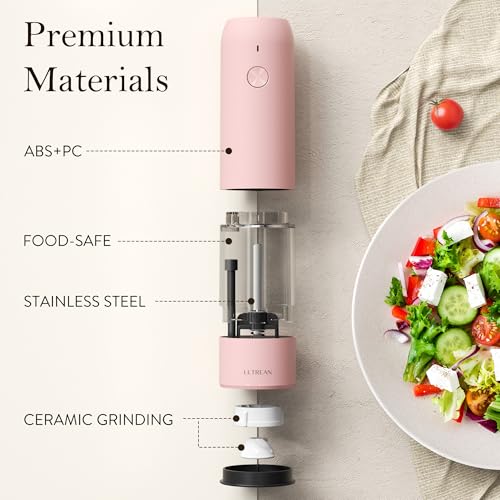 Ultrean Pepper Grinder, Rechargeable Salt and Pepper Grinder with 6 Adjustable Coarseness, LED Light, Automatic Grinder for Kitchen, Cooking Gifts for Women Valentines Day Gifts for Her, Pink - color: Pink