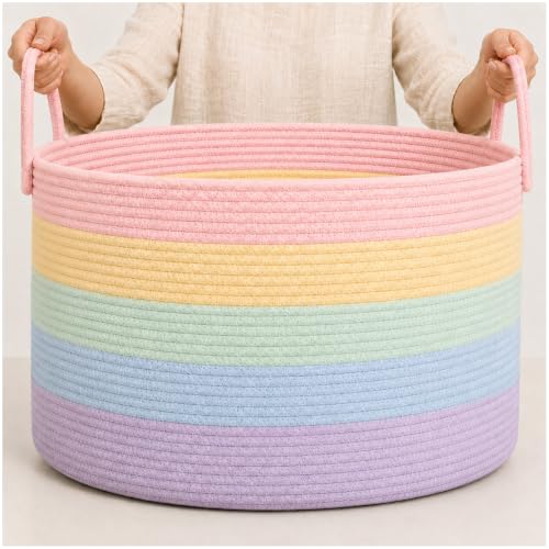 OrganiHaus Rainbow Toy Basket & Blanket Storage Bin, Nursery 20x13" | Rainbow Pastel - Round Rainbow Cotton Rope Basket, Nursery 20x13" - color: Rainbow Pastel, size: Wide