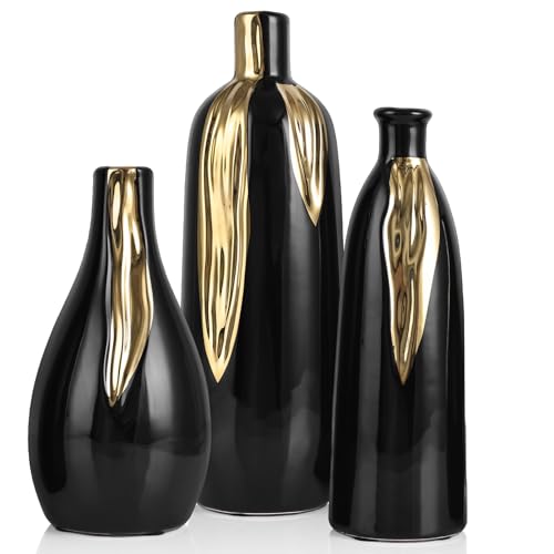 Black and Gold Vase Set of 3, Modern Ceramic Decorative Vases for Living Room, Bedroom, Art Decor, Mantle, Home Event Decor, Office Decorative, Weddings, Rustic & Farmhouse (Black Gold) - color: Black Gold