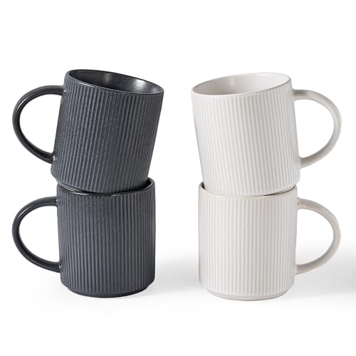 famiware Coffee Mug Set of 4, Star 16 oz Large Mugs Cup Set with Handle | Ceramic Mug for Coffee, Latte, Tea, Stackable Drinkware Set, Microwave & Dishwasher Safe, Matte White + Matte Dark Charcoal - color: Matte White + Matte Dark Charcoal, size: 4 Count