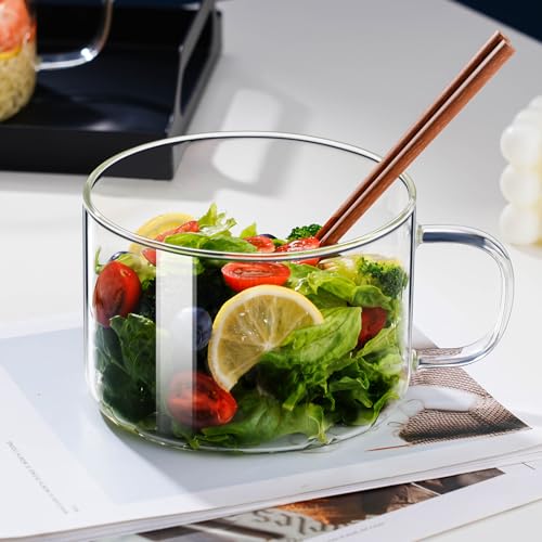 Baalaka Ramen Bowls Microwavable, Glass Soup Bowls With Handles, 34oz/1000ml Soup Mug With lid, Use-Friendly Ramen Bowl Set With Chopsticks (Pack of 2) - size: normal (Pack of 2)
