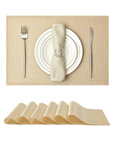 Leetaltree Woven Vinyl Placemats Set of 6, Gold Sequin | Waterproof & Washable Dining Table Mats for Wedding, Anniversary, Daily Use, Hand-Cut, Easy to Clean - color: 00- Gold Sequin, size: Set of 6