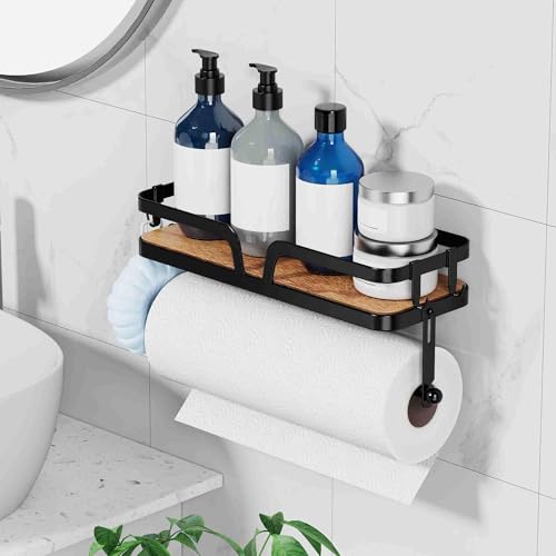 Taozun Paper Towel Holder Wall Mount, Kitchen Paper Holder Spice Rack Black Paper Towel Roll Holder RV Paper Towel Rack with 4 Hooks(2 Installation Methods - Self-Adhesive and Drilling) - style: SP010