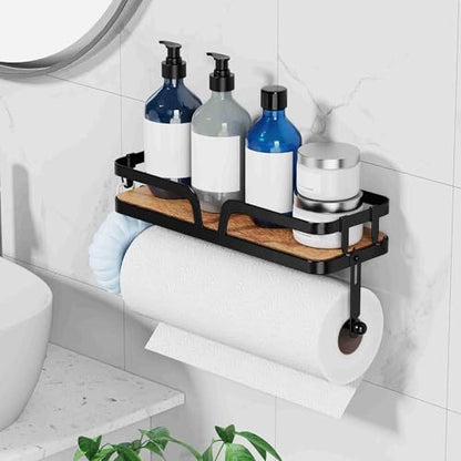 Taozun Paper Towel Holder Wall Mount, Kitchen Paper Holder Spice Rack Black Paper Towel Roll Holder RV Paper Towel Rack with 4 Hooks(2 Installation Methods - Self-Adhesive and Drilling) - style: SP010