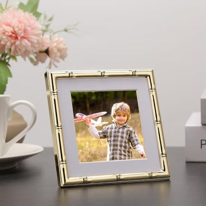 YiPinYin 4x4'' Gold Bamboo Design Metal Frame with mat for 3x3'' Set of 2, 3x3'' Elegant Gold Plated Metal Frame, Soft Touch Velvet Mat Desktop Frame - color: Gold, size: 4x4 Mat 3x3 2PK