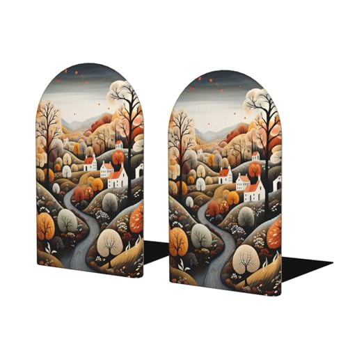 Autumn Village Wooden Bookends for Shelves Decorative Book Ends Universal Book Organizer Holder for Office, Heavy Books, Vinyl Records - color: Autumn Village