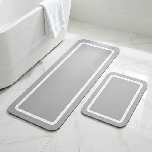Gray Super Absorbent Bath Mat Set, Soft Diatomaceous Earth Bath Mat, Washable Non Slip Quick Dry Bathroom Mats, 15.74" x 23.62" Plus 15.74" x 47.2"